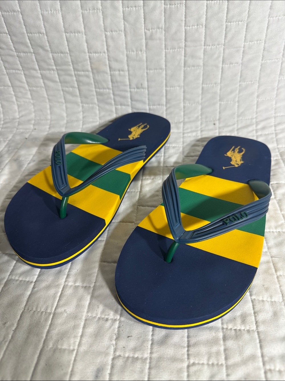 Polo by Ralph Lauren Navy, Yellow & Green Striped Men's Flip Flops
